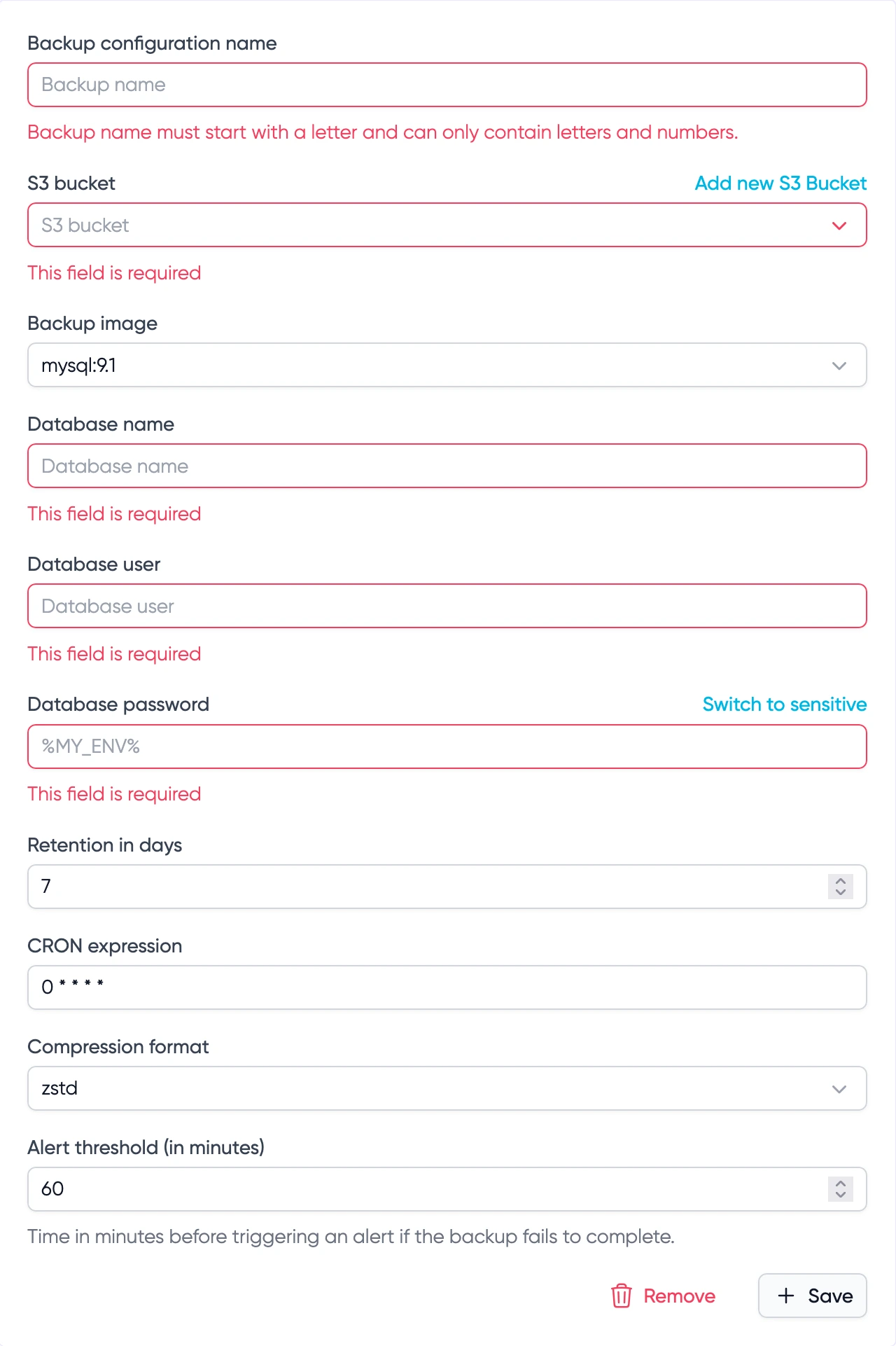 Database backup configuration