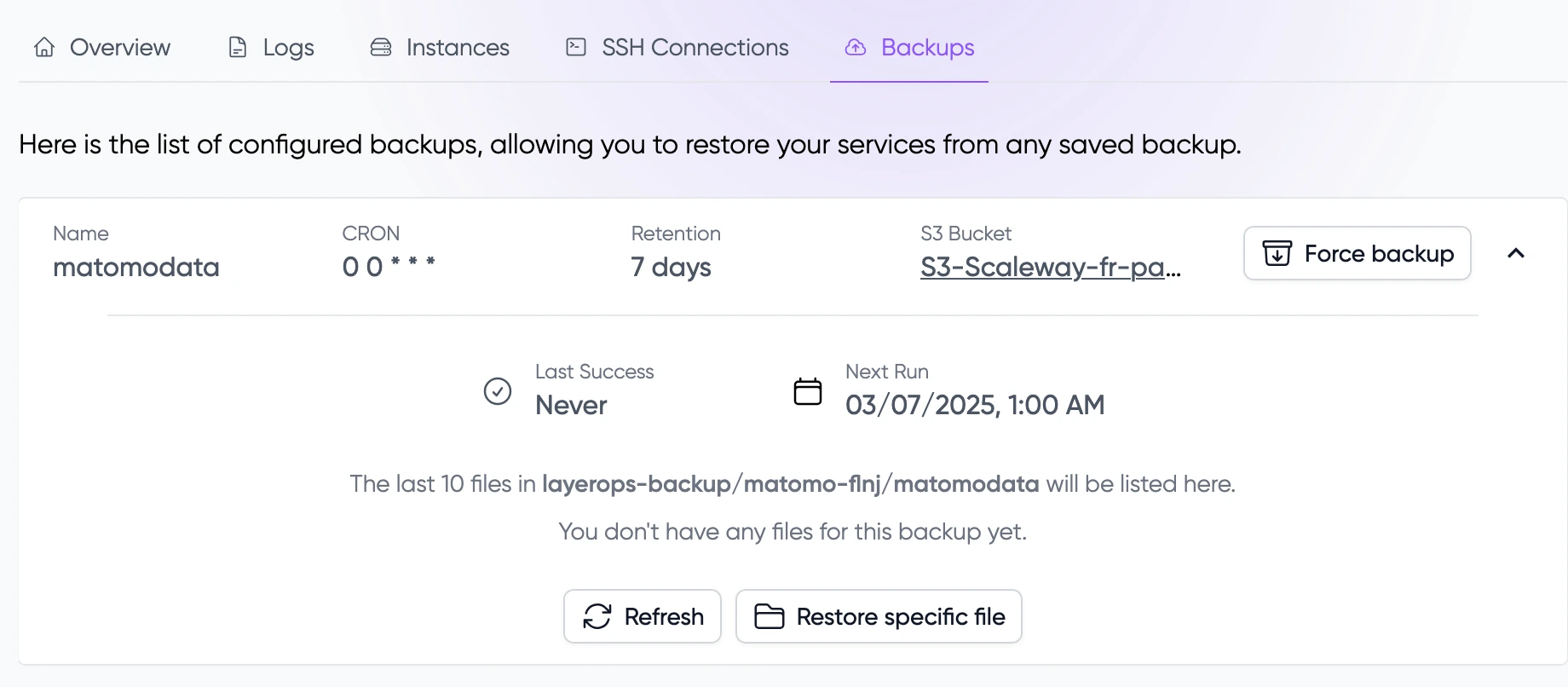 Backups management interface